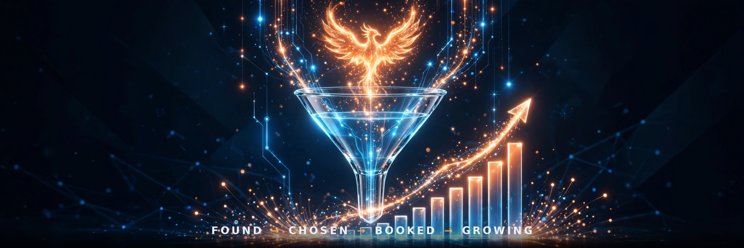 A phoenix of light pouring into a glass funnel above rising growth bars — being found by AI fills the funnel