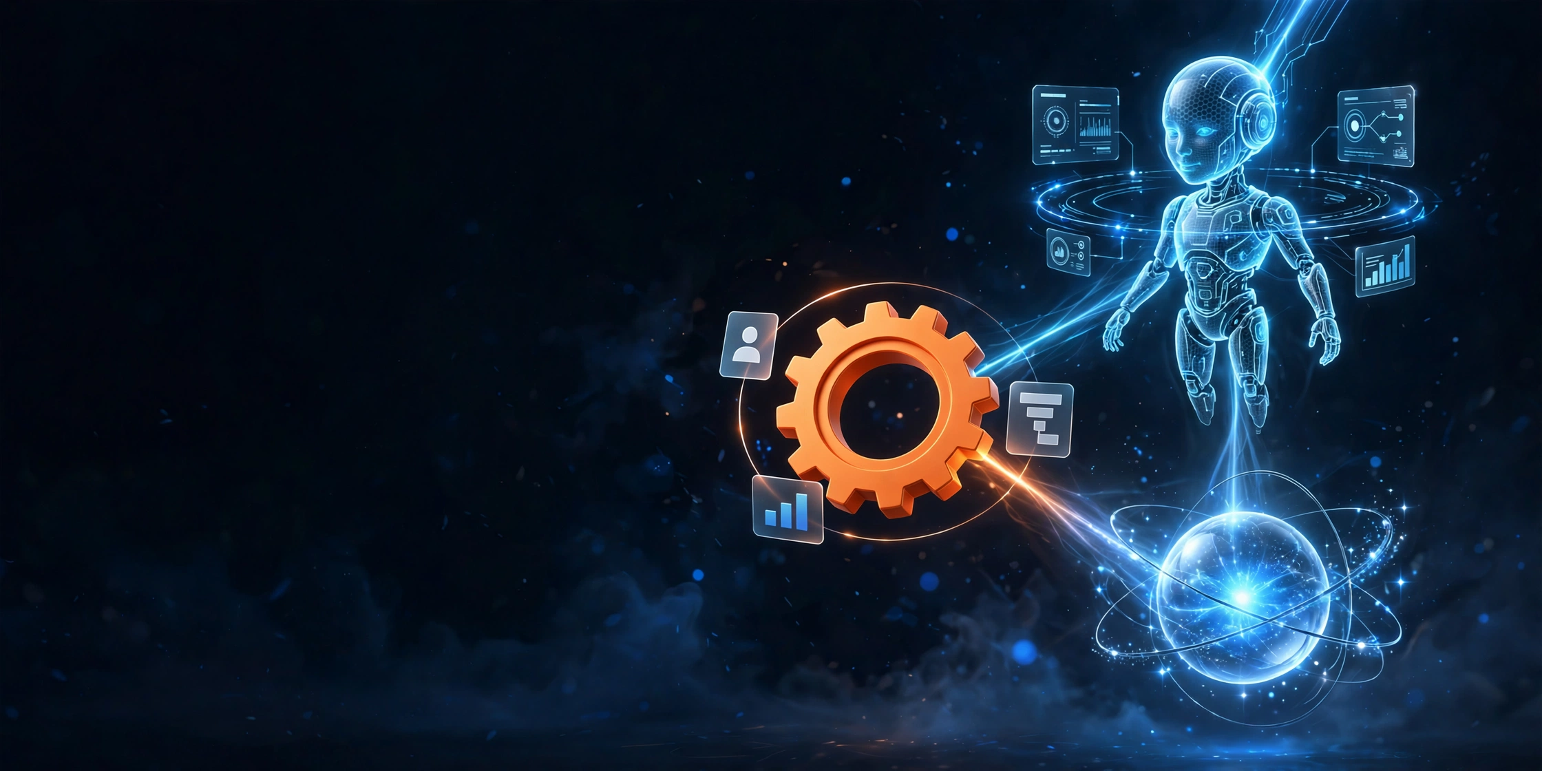 An AI assistant and a glowing Muse orb connected to a HubSpot CRM sprocket — AI management by LiftUp Consulting
