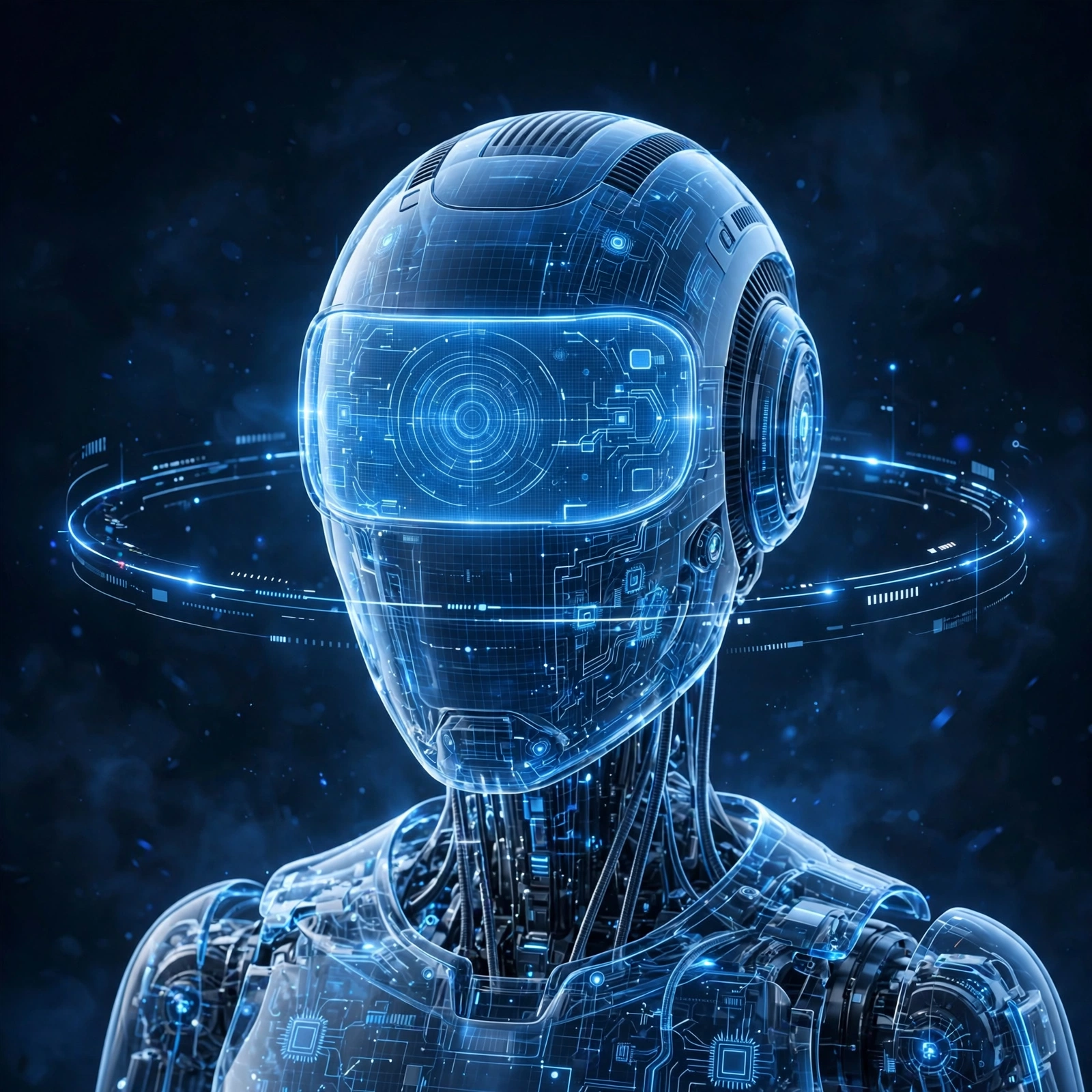 A holographic AI assistant robot with a circling data ring