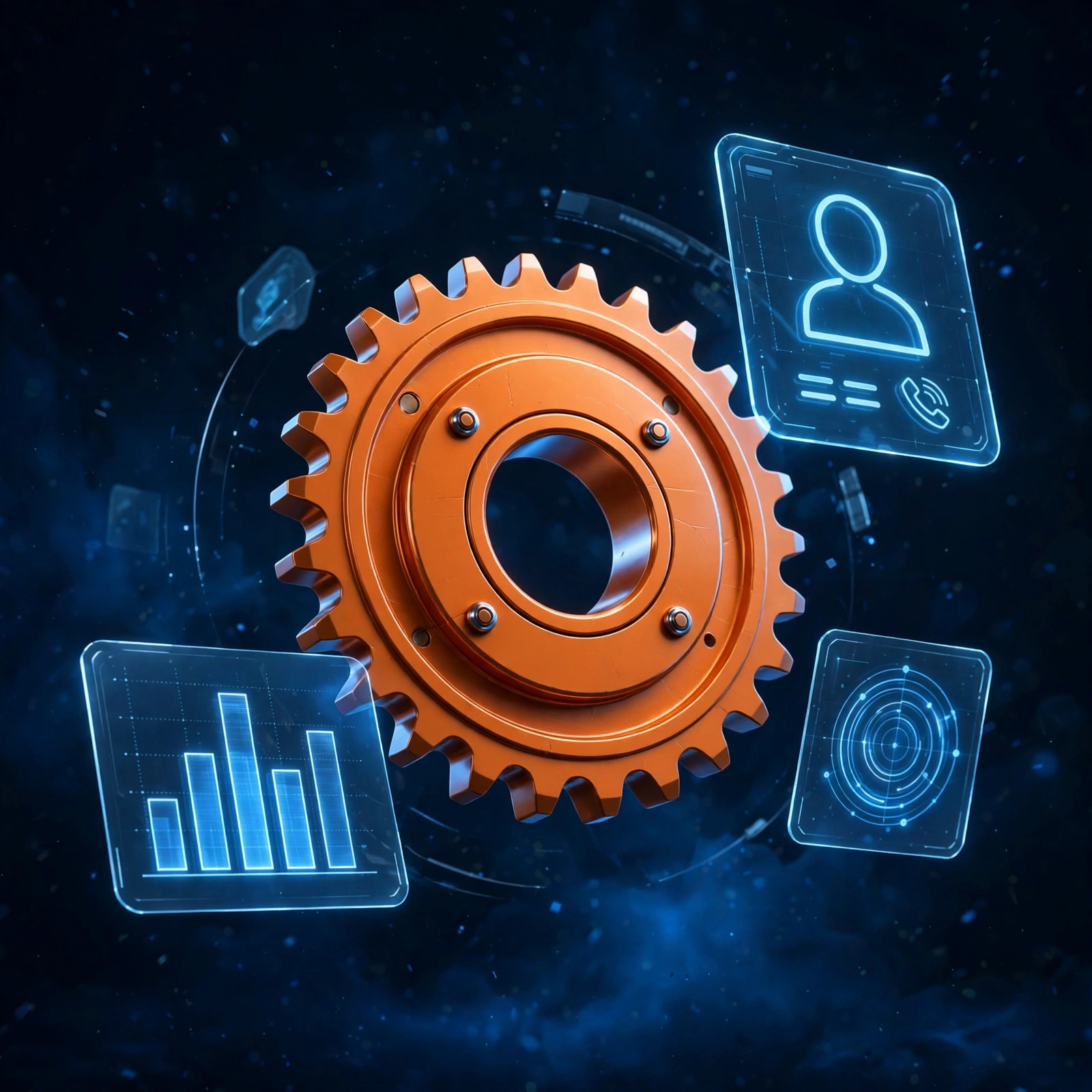 An orange HubSpot sprocket with orbiting contact and chart cards